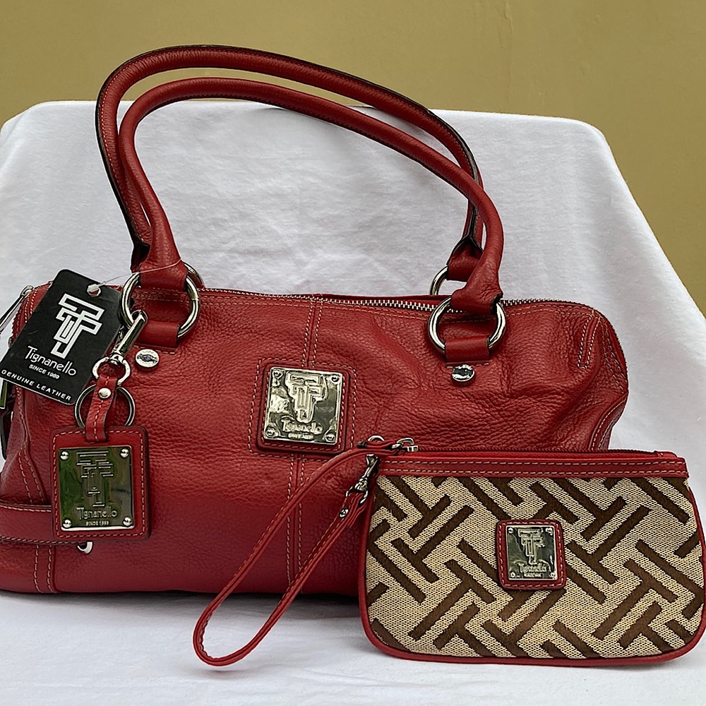 Tignanello red leather/silver bag with matching wristlet, detachable keychain